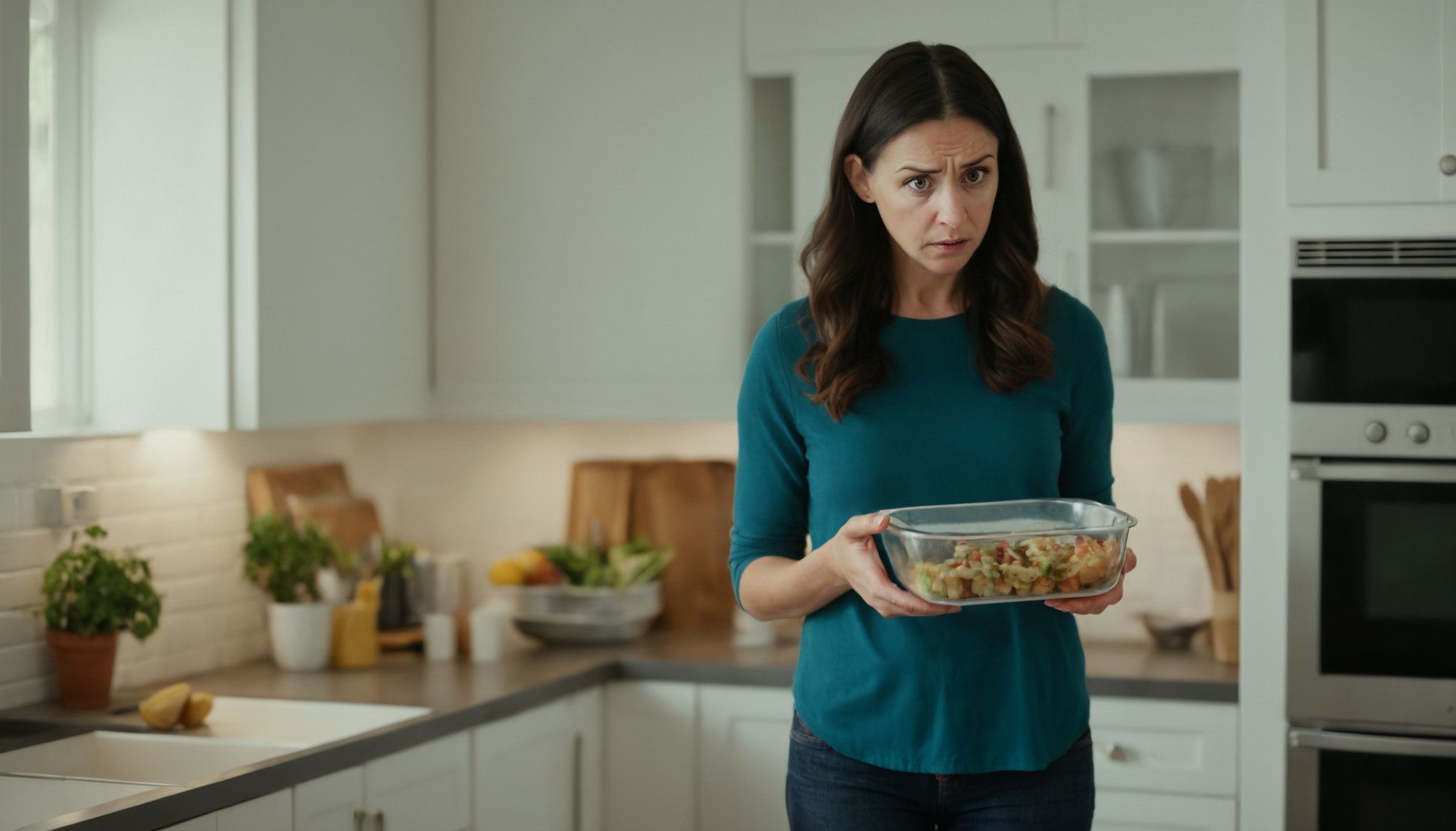 Woman concerned about the status of her leftovers