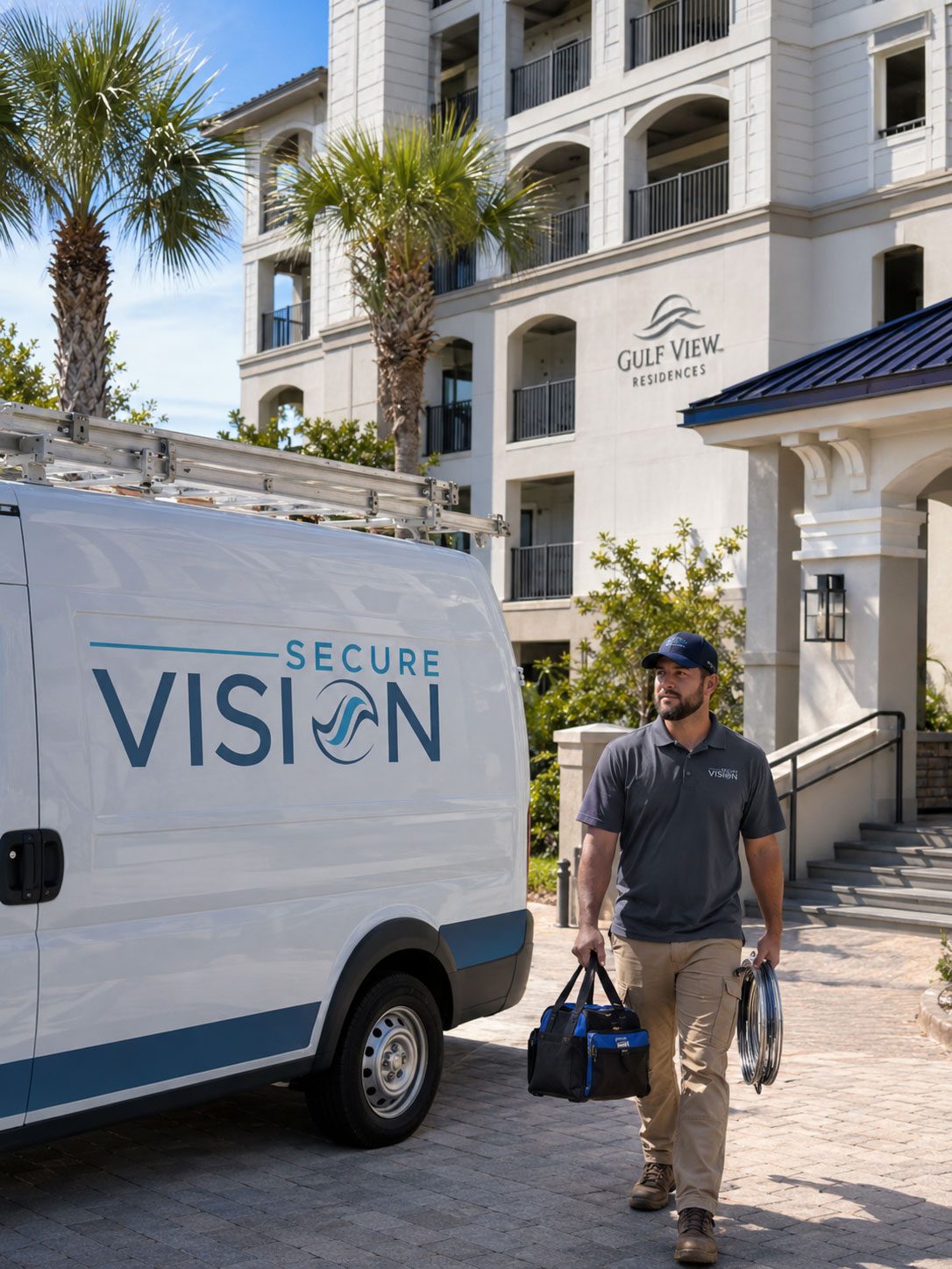 SecureVision technician exiting a branded service vehicle.