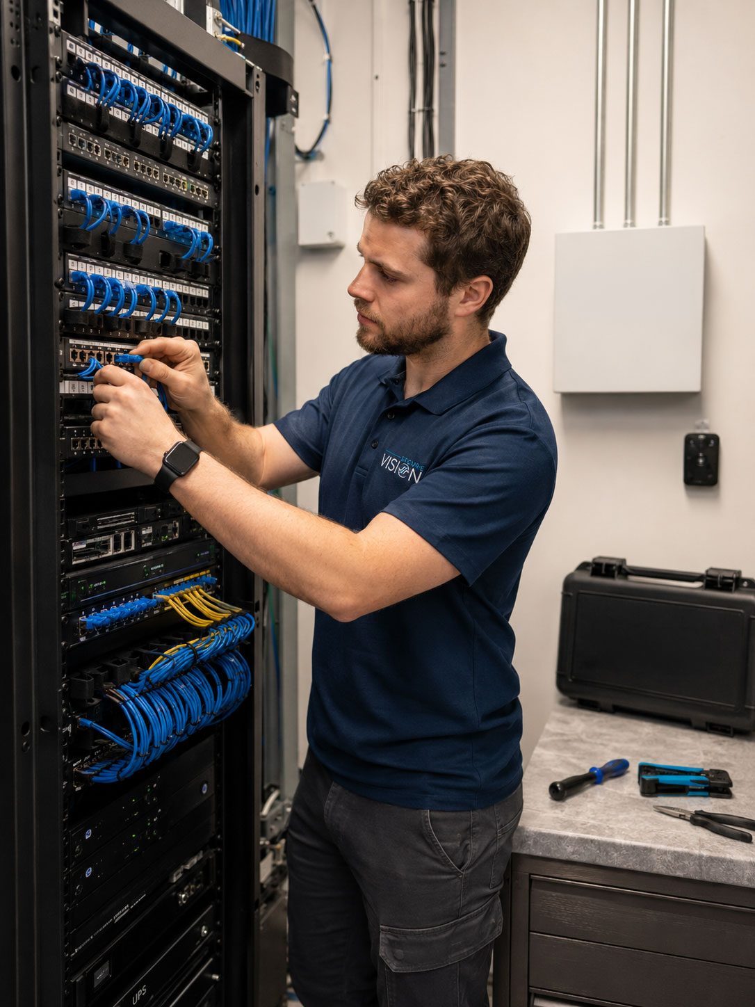 SecureVision installer working inside a property network closet.