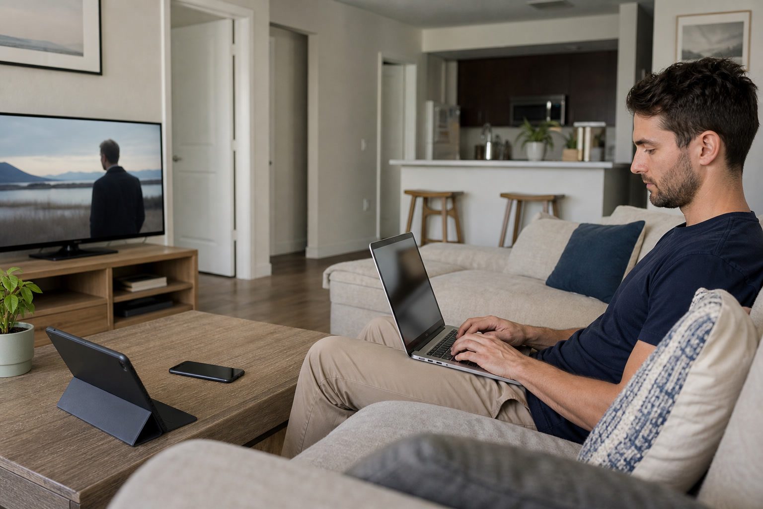 Apartment resident using a laptop with multiple connected devices nearby.