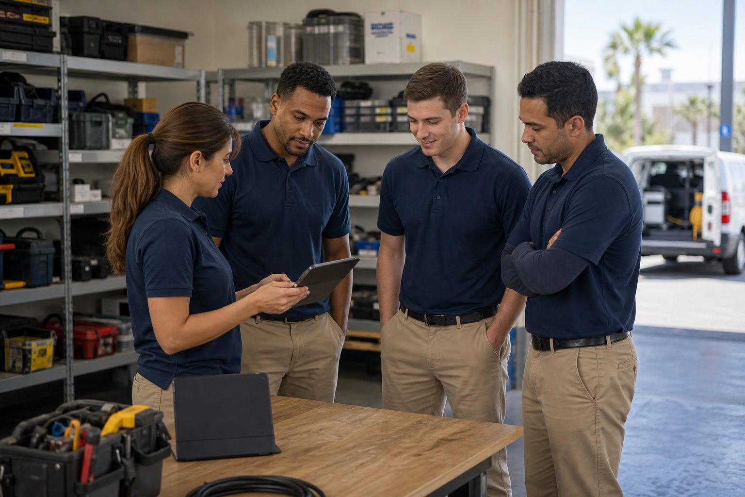 SecureVision team members reviewing service work together in a field office.