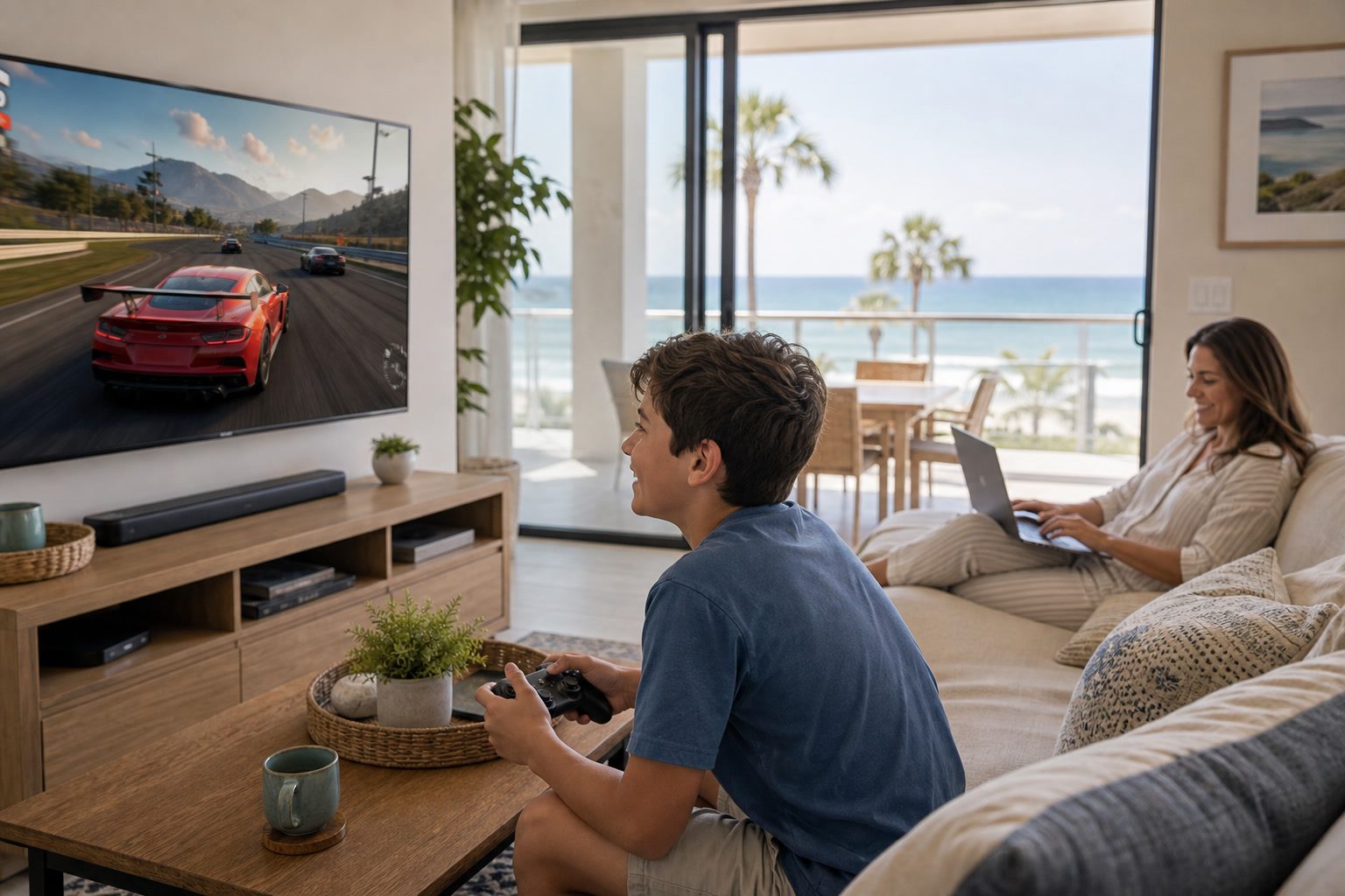 Condominium guests using connected devices in a living room.