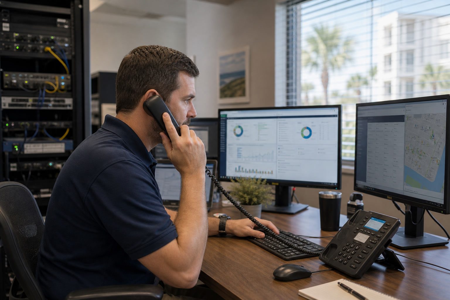 Support specialist monitoring condominium managed network operations.