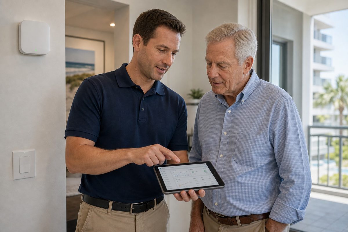 Technician showing an older gentleman a tablet app during go-live support.
