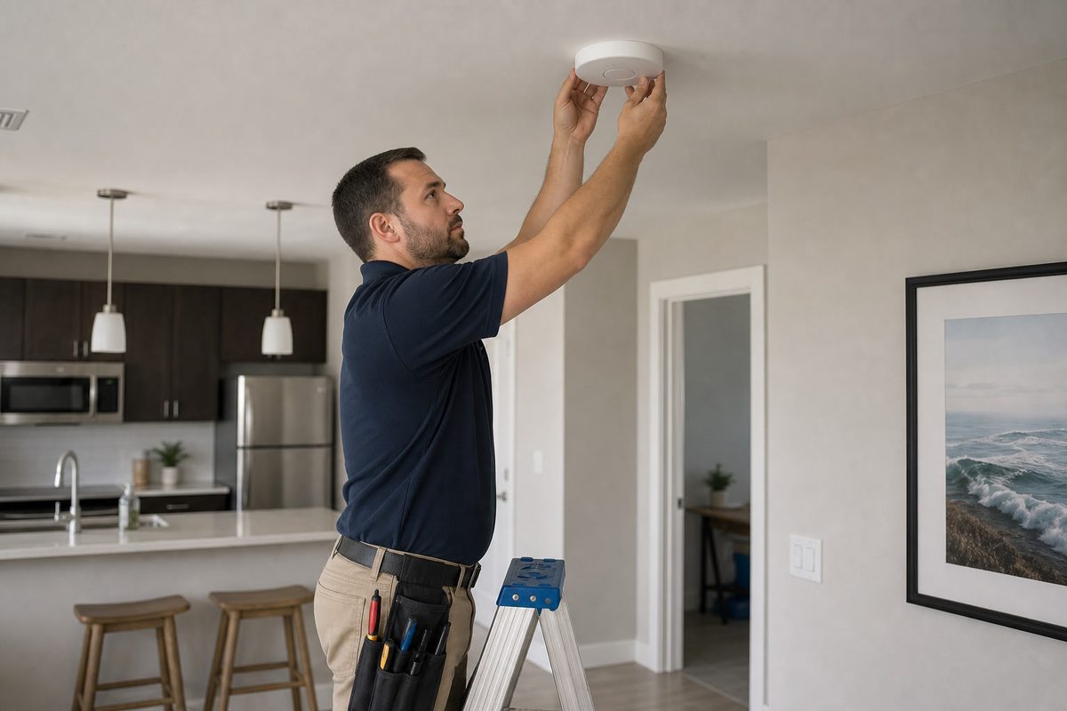 Technician installing network equipment inside a condominium unit.