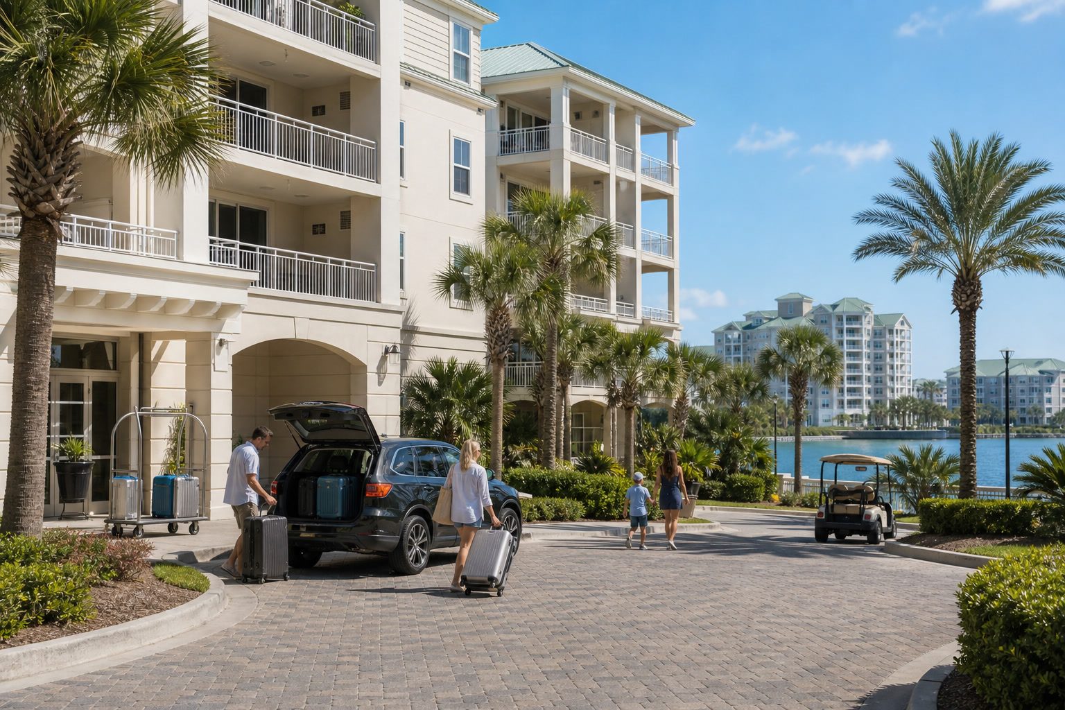 Emerald Coast condominium property corridor in daylight.
