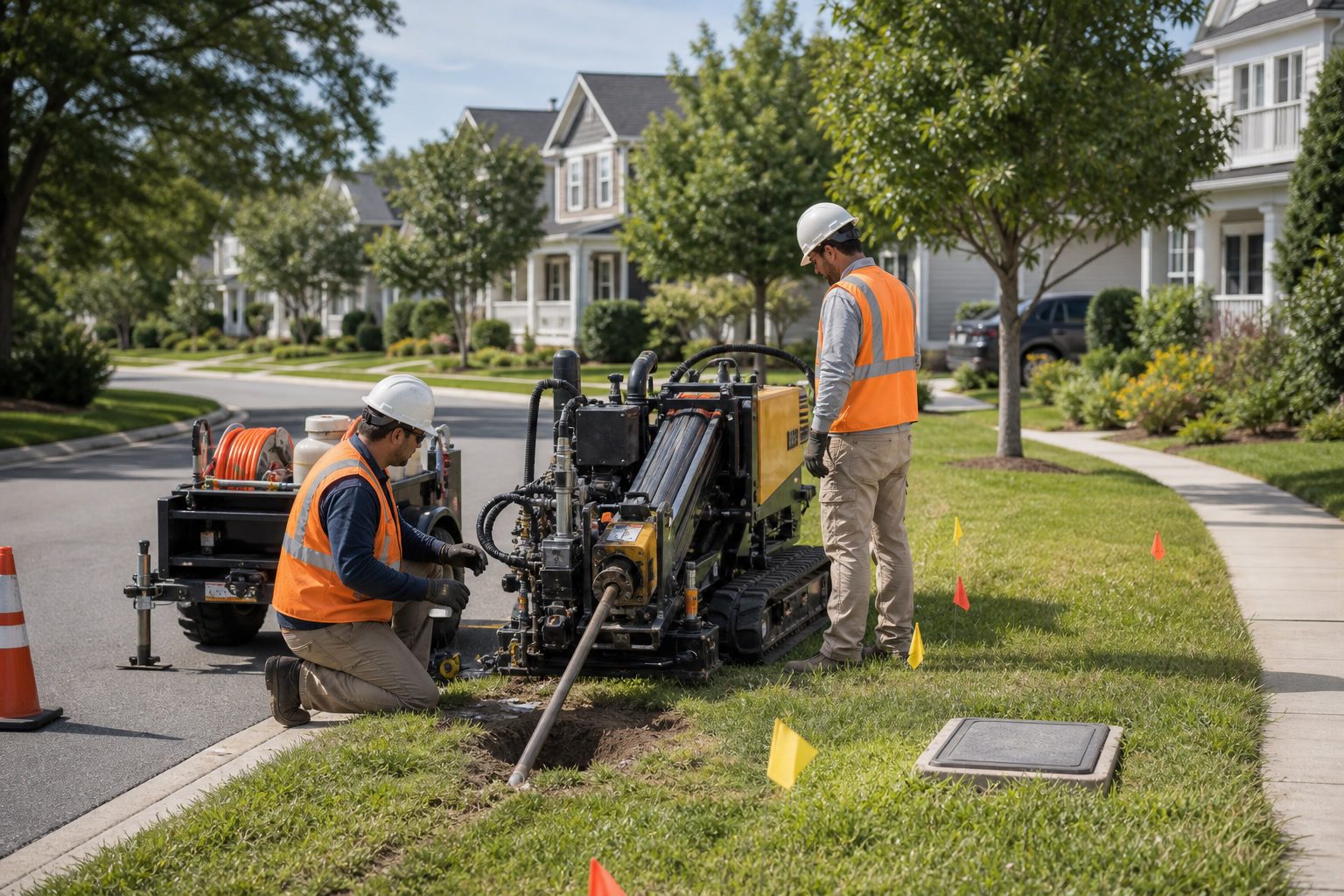 Underground fiber crew working carefully in a residential community.