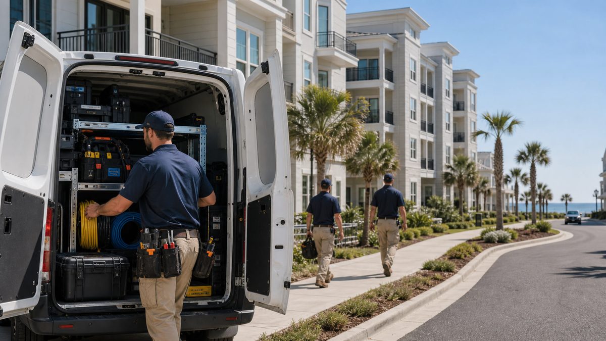 Technician preparing service equipment near a multi-dwelling property.