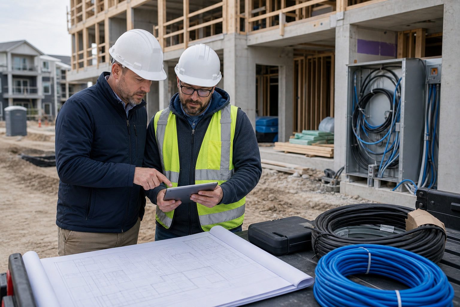 Construction project team reviewing fiber plans at a multi-dwelling jobsite.