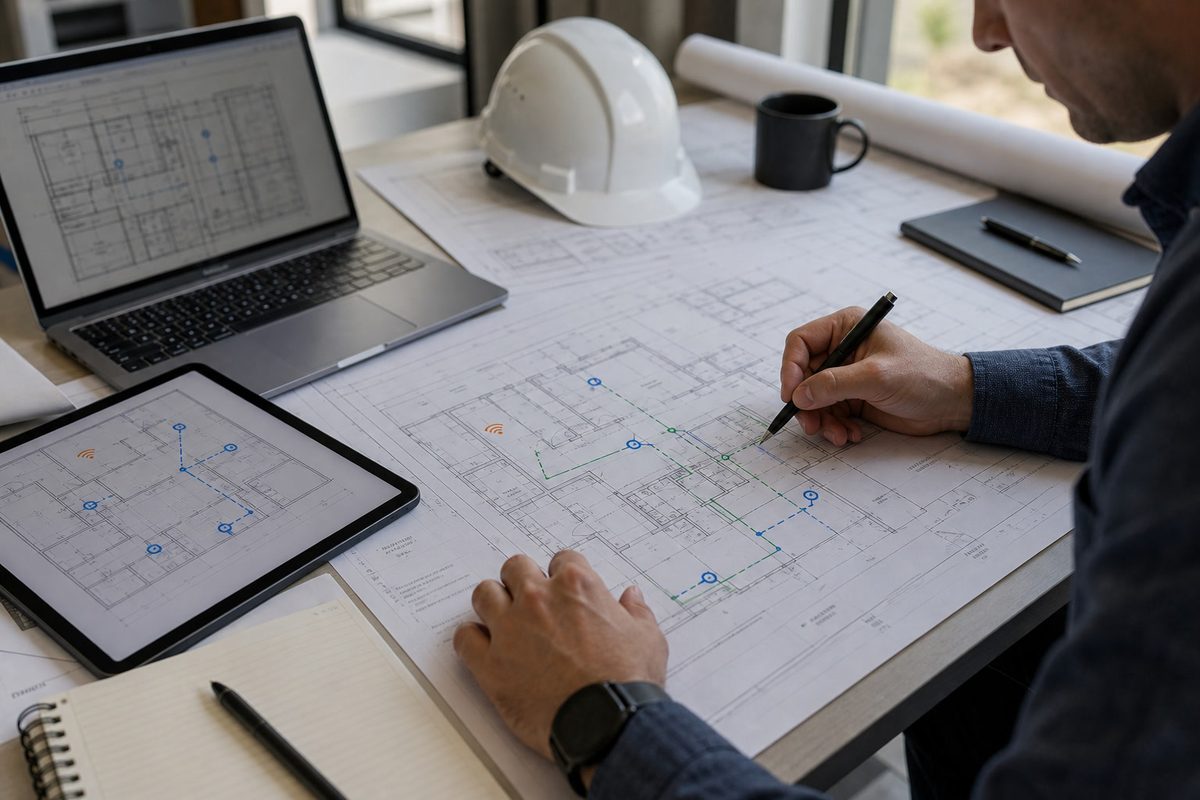 Engineer marking fiber pathways on building plans.