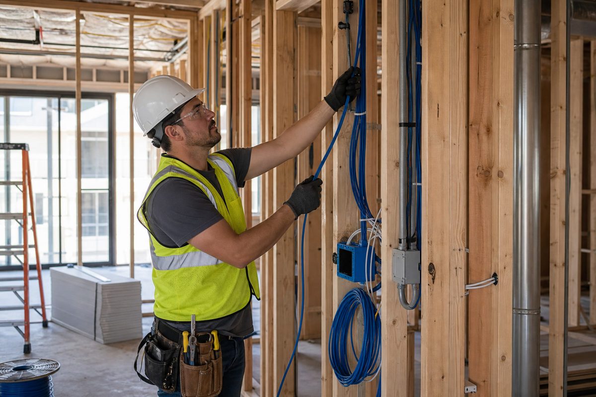 Technician pulling low-voltage cable before drywall is installed.