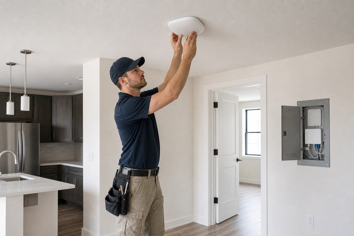 Technician installing network equipment in a nearly finished unit.