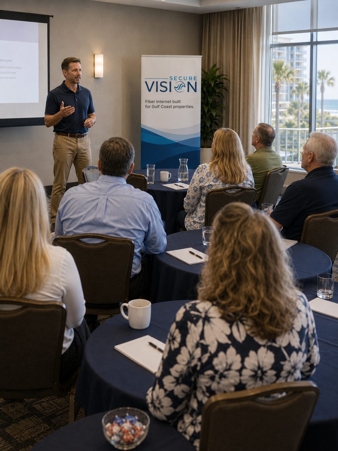 Property management association meeting with a speaker and attendees.