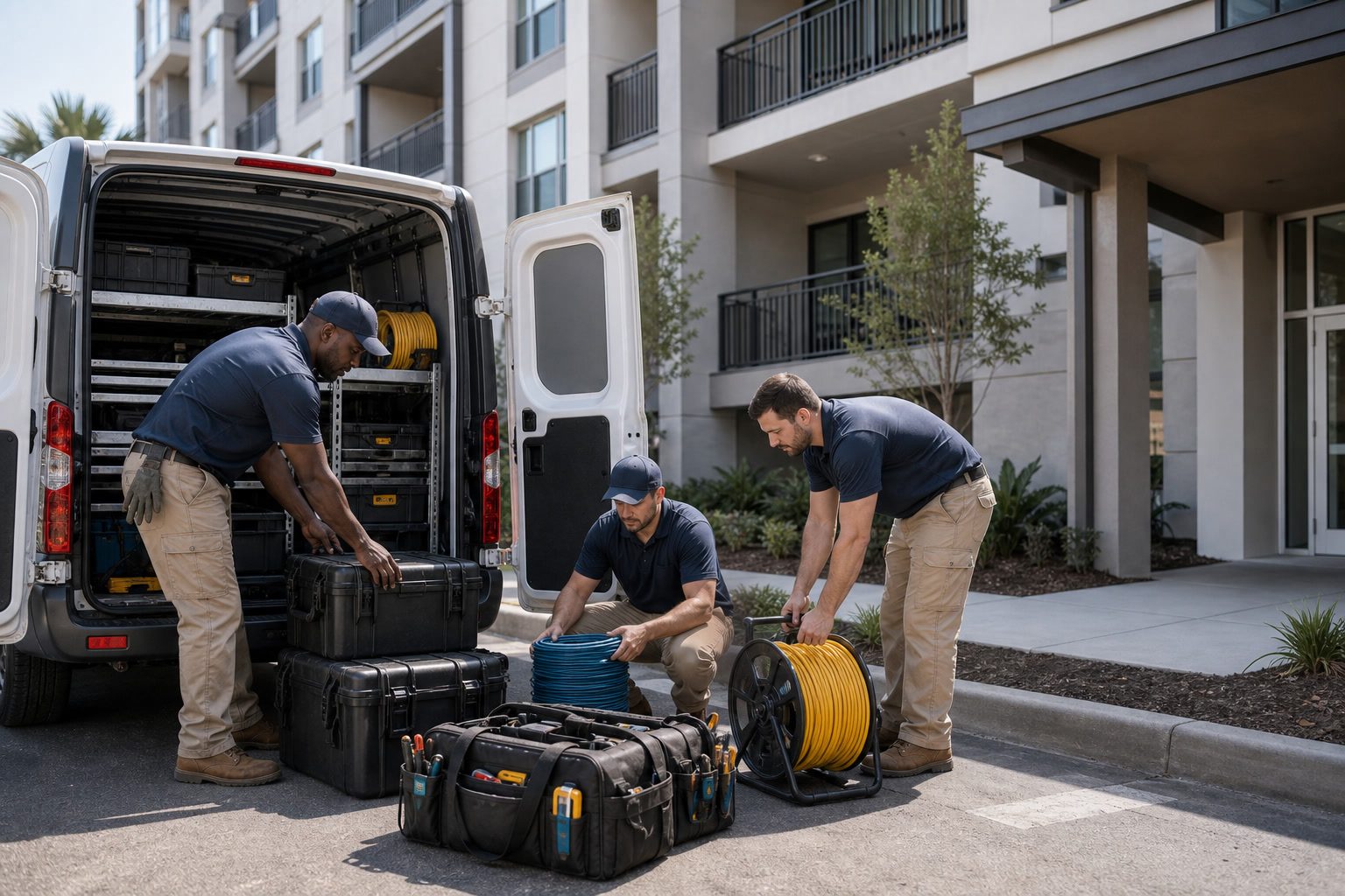Installation team staging equipment at a multi-dwelling property.