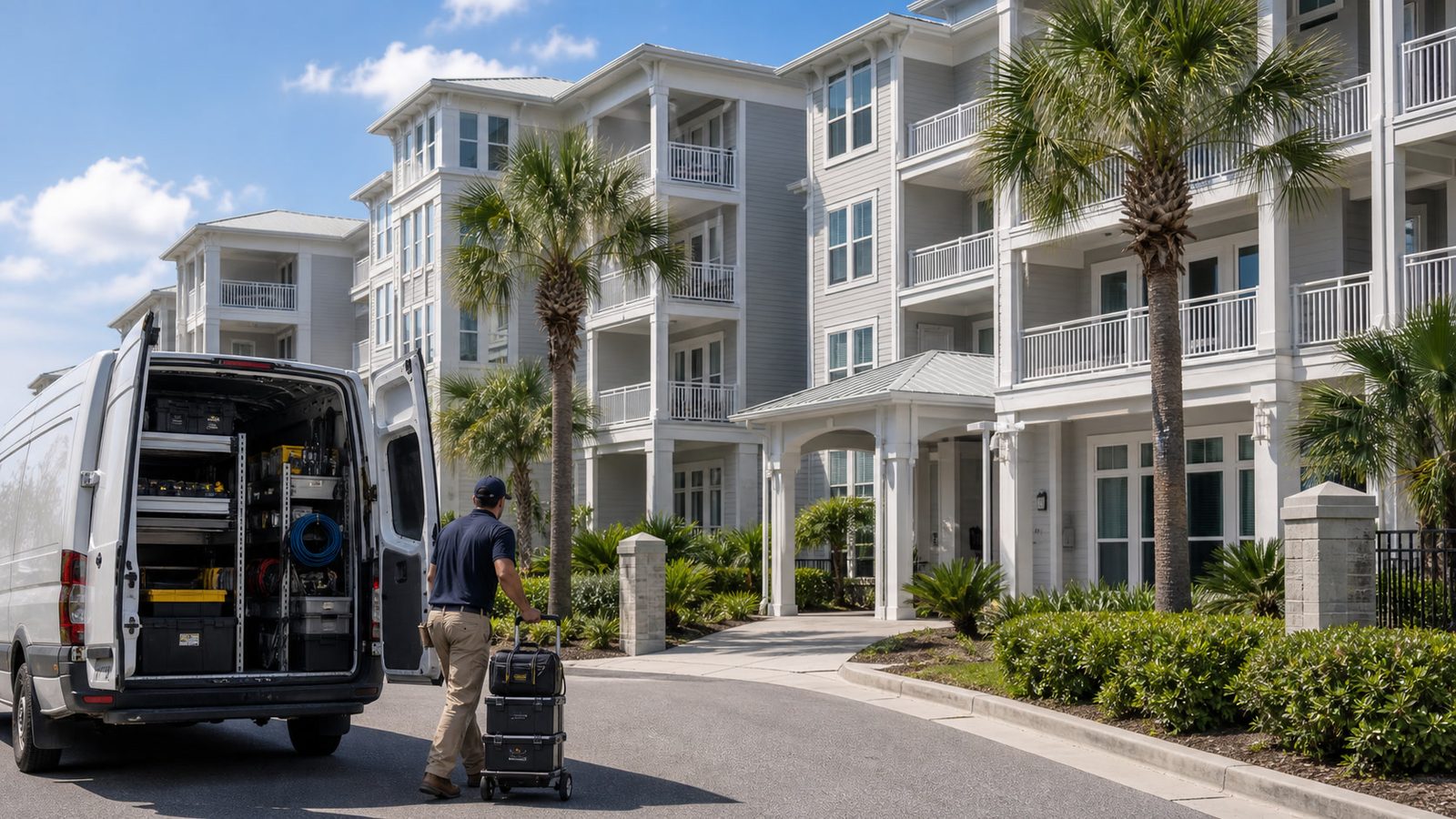 Service vehicle outside a multi-dwelling property in an expanding market.