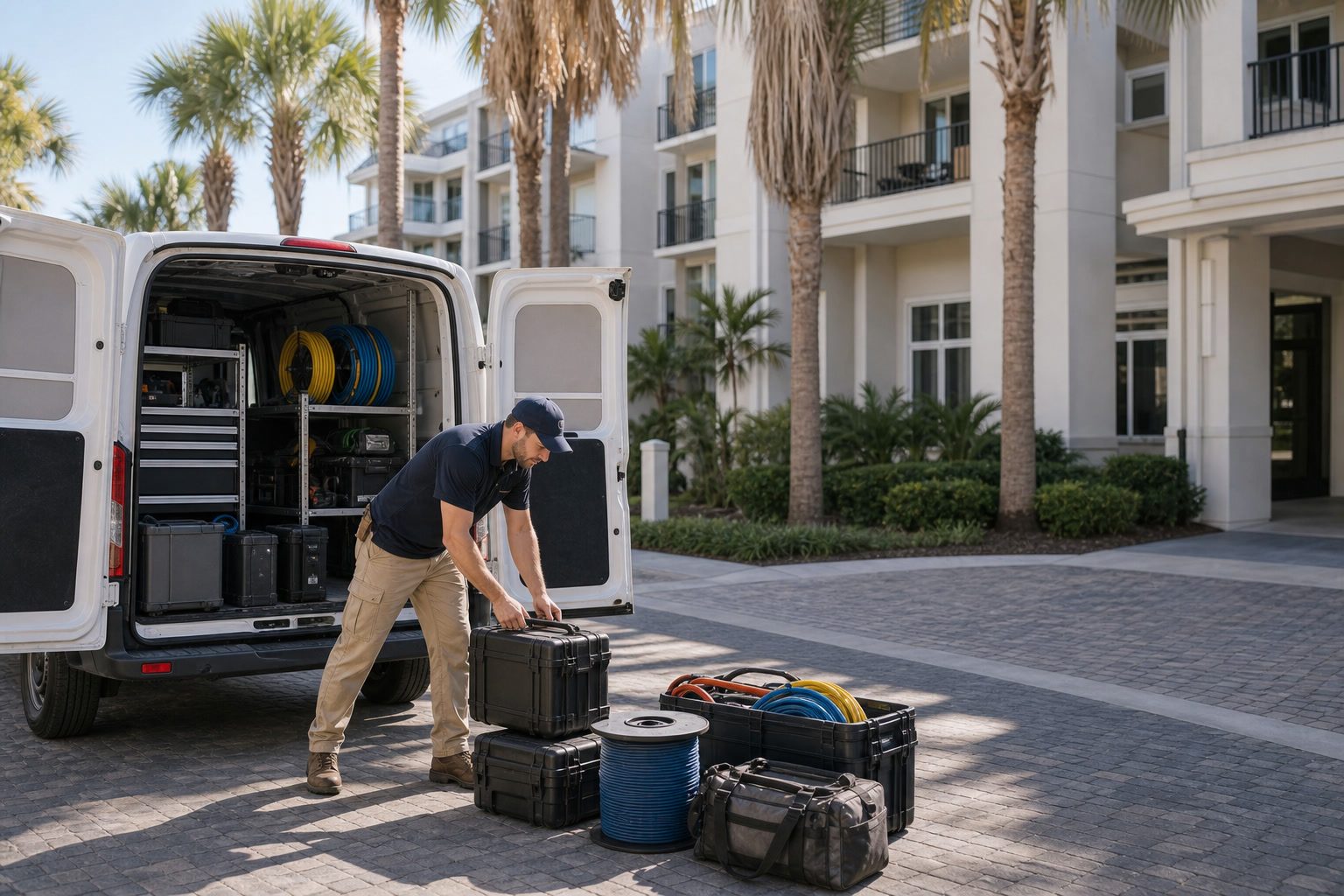 Technician preparing service equipment outside a Panama City Beach property.