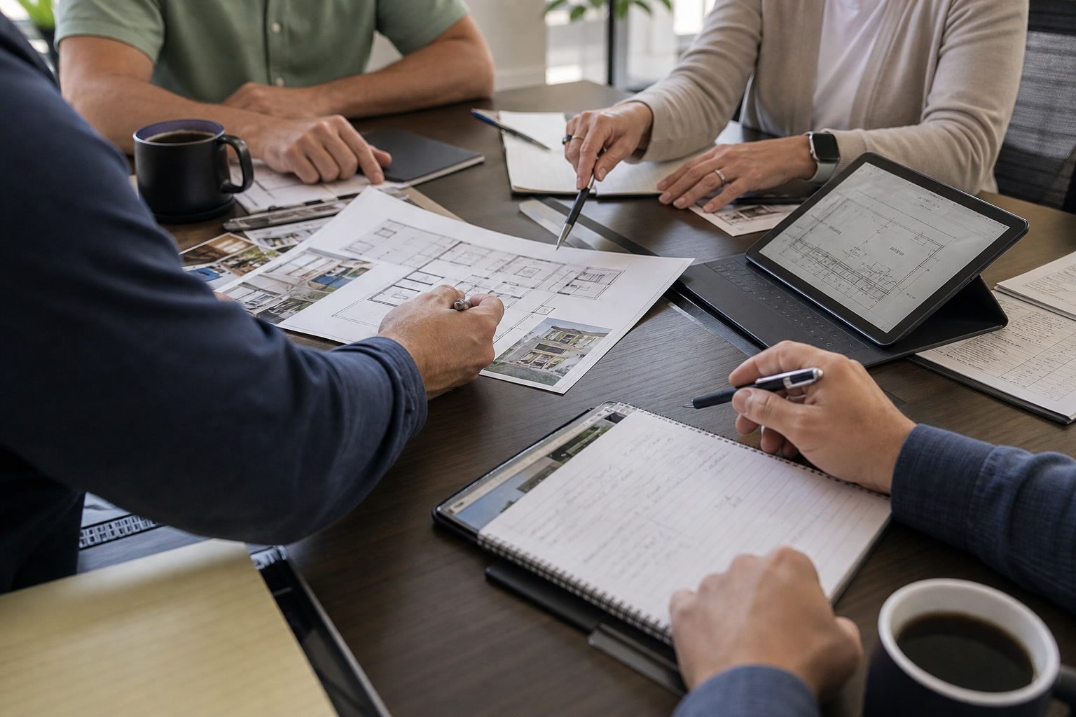 Hands and project documents on a table during an installation planning meeting.