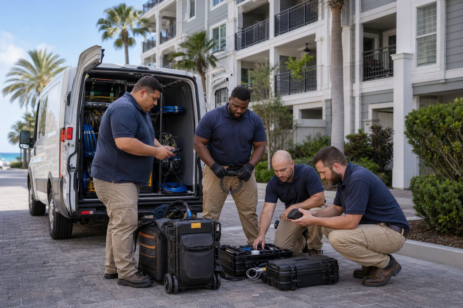 Diverse technician crew preparing equipment outside a multi-dwelling property.