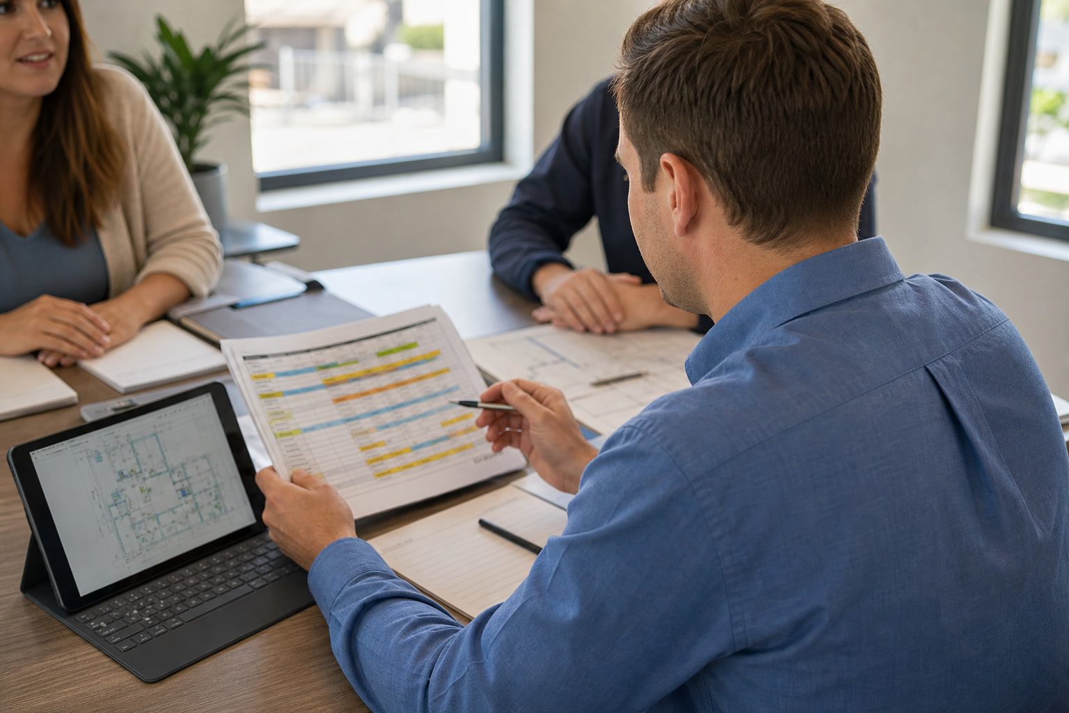 Project manager reviewing property usage schedules before installation.