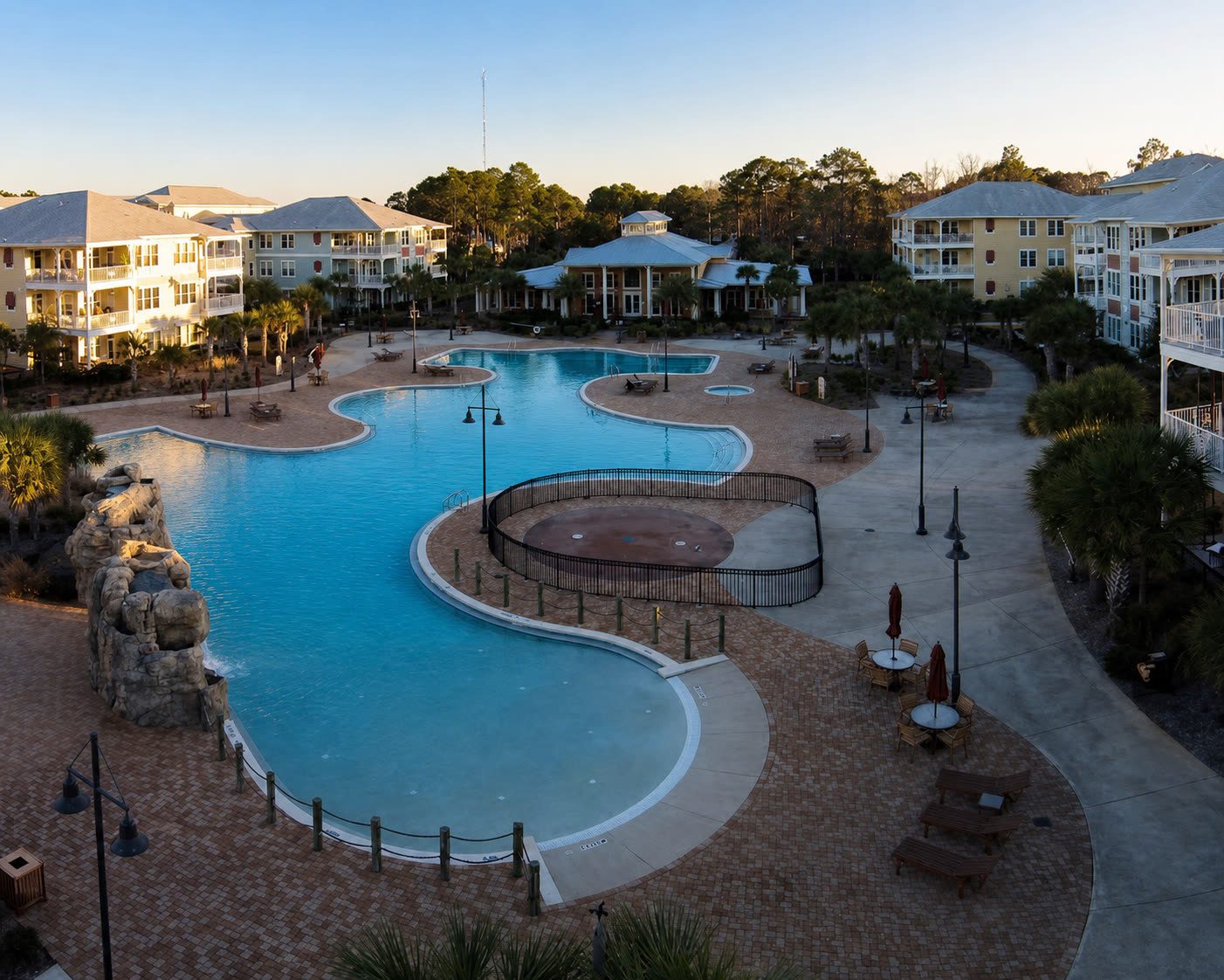 Pool courtyard and residential buildings at Island Reserve in Panama City Beach.