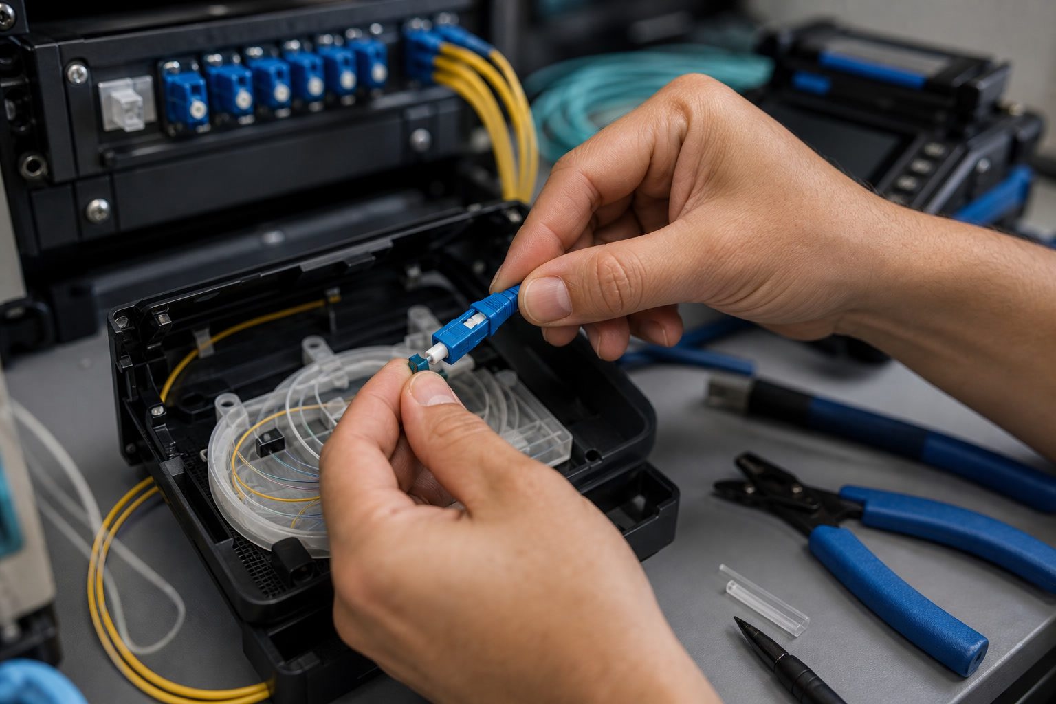 Technician handling fiber optic cable in a network workspace.