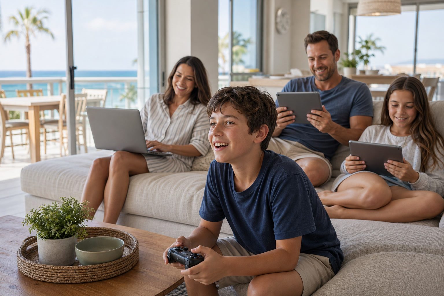Happy family in a vacation rental living room while a boy plays a video game with a controller.