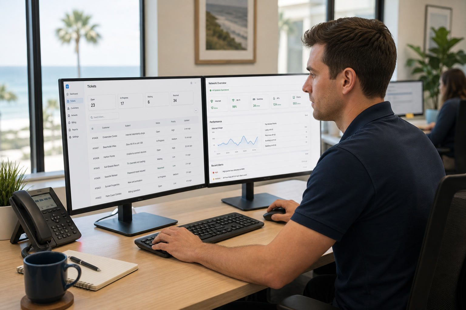 Support specialist reviewing a managed network and customer support screen.