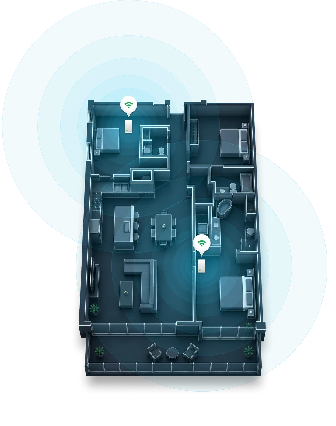 Diagram of the SecureVision managed network connecting four property types to a central hub.