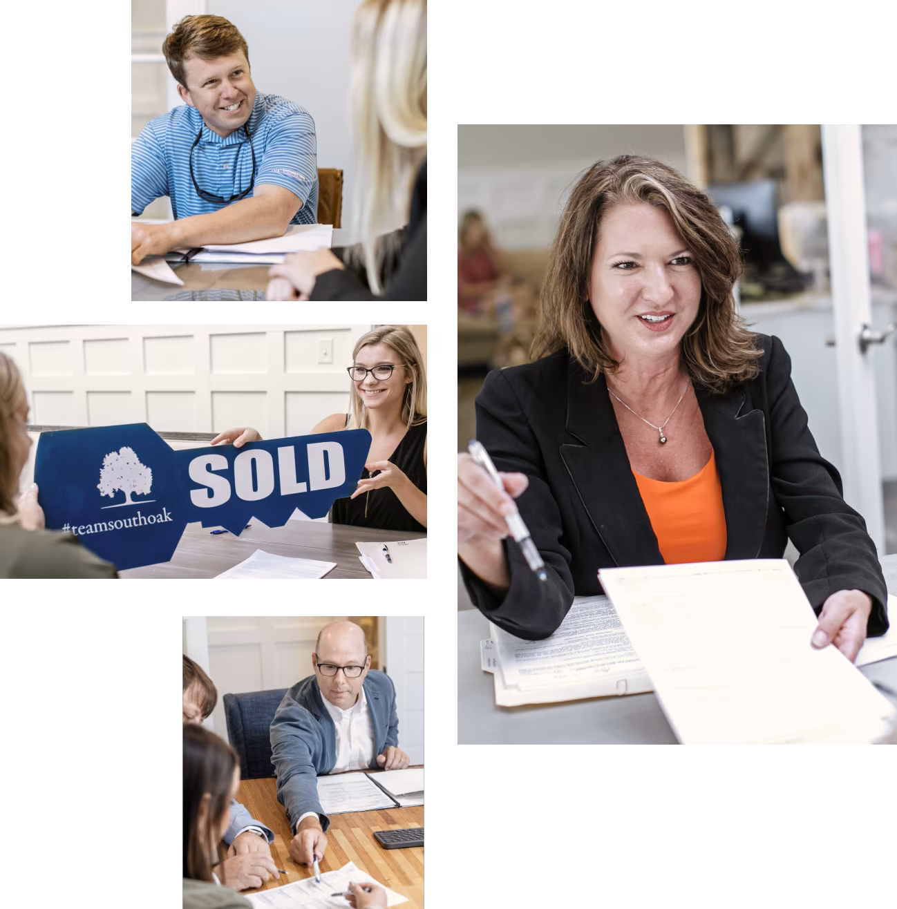 collage of realtors and closing attorneys at the closing table for south oak title and closing