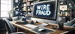 A home office featuring a frozen computer screen displaying wire fraud